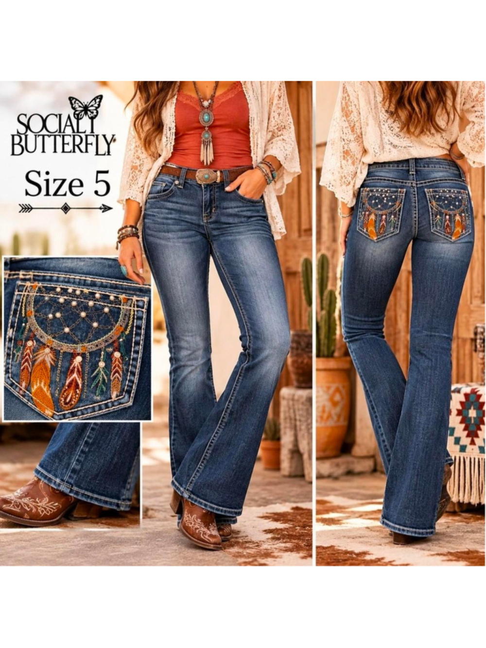 Social Butterfly Y2K Bootcut Jeans Size 5 Dreamcatcher Feather Embroidered Bling